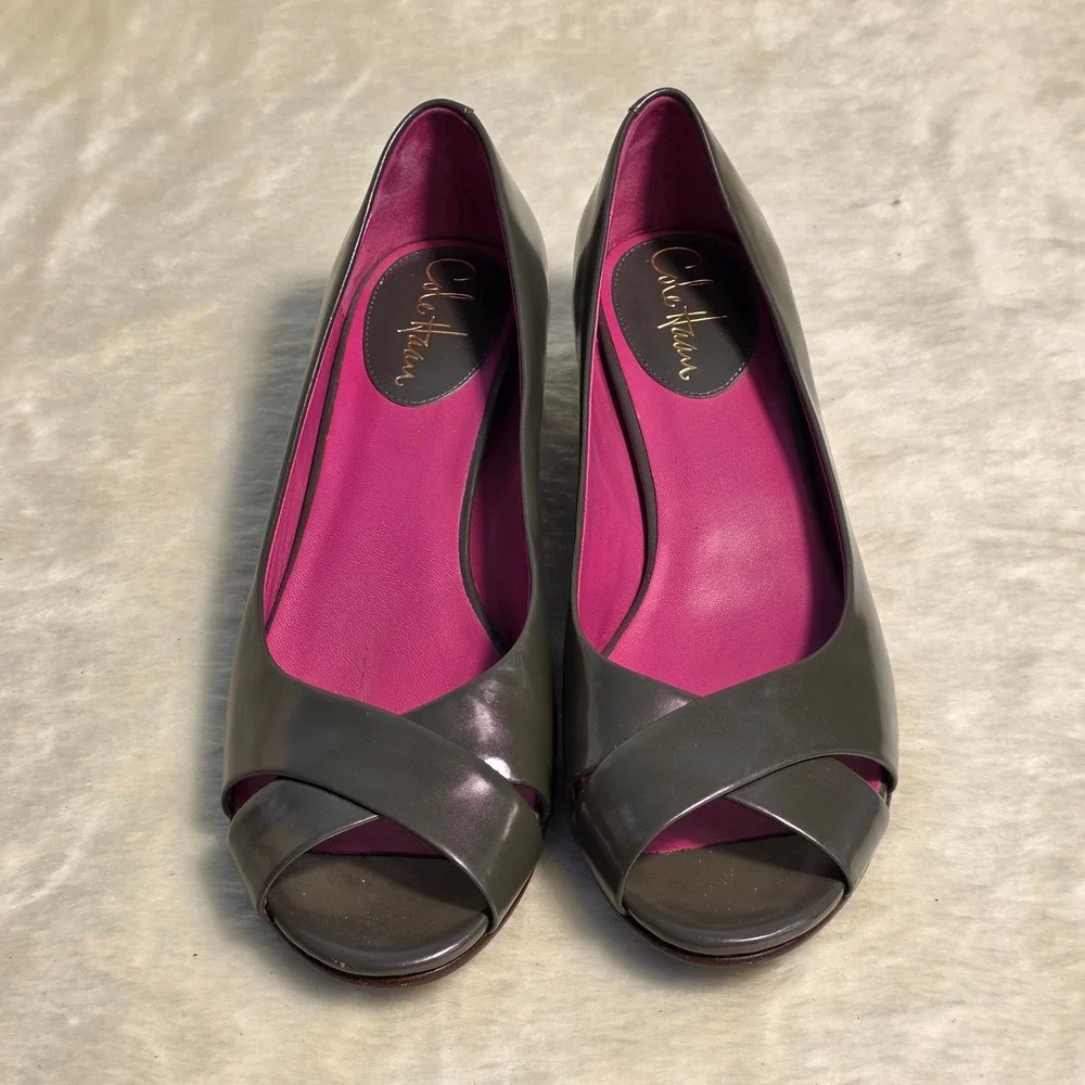 VTG Cole Haan NikeAir Peep Toe Micro Wedge Pumps Gray Patent Leather Women 7.5 B